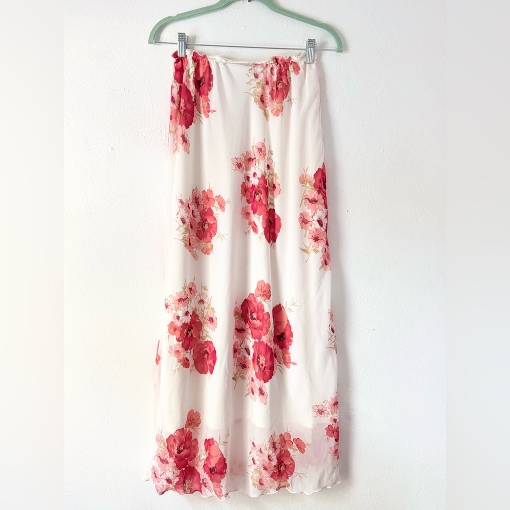 Vintage y2k M Collection Red, Pink, and White Floral Chiffon Maxi Skirt - Picture 2 of 8